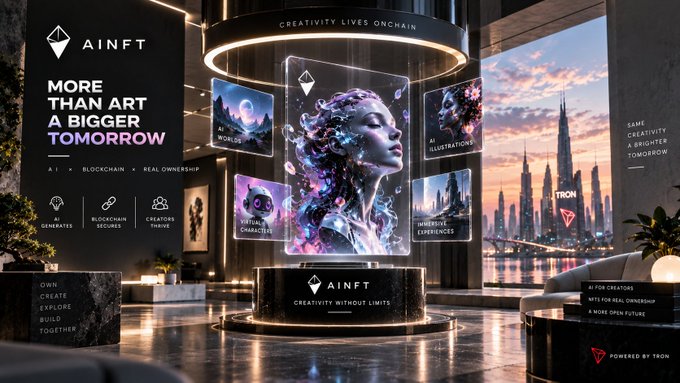 A futuristic 3D exhibition space showcasing digital art on floating screens, with text reading 'AINFT', 'MORE THAN ART A BIGGER TOMORROW', 'CREATIVITY LIVES ONCHAIN', and 'POWERED BY TRON' alongside a city skyline at sunset.