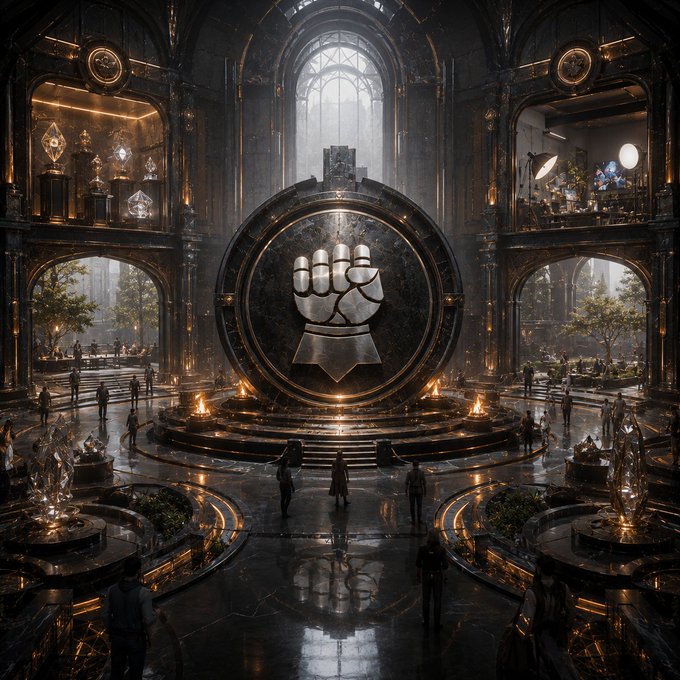 A grand, ornate hall featuring a large circular emblem with a fist logo at its center, surrounded by fire-lit braziers, opulent architecture, and small figures of people.