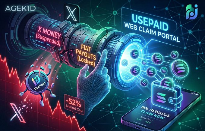 A promotional graphic for 'USEPAID WEB CLAIM PORTAL' warning of 'X MONEY (Suspended)' and 'FIAT PAYOUTS (Locked)' with a -52% market cap decline shown.