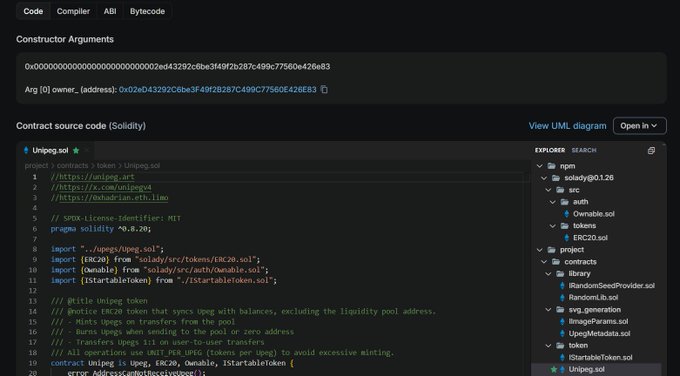 A Solidity contract explorer screenshot shows the deployed `uTokenPro` stack, including `src/tokens/ERC20.sol` and `src/project/contracts/RandomSeedProvider.sol`, with constructor argument `0x000…68e83` pointing to `owner_` address `0x02eb43292c6be3f49f28287c499C77560c426e83`. It visually supports the claim that the uTokenPro contracts were deployed on Robinhood Chain, though no specific Robinhood Chain address is visible in the image.