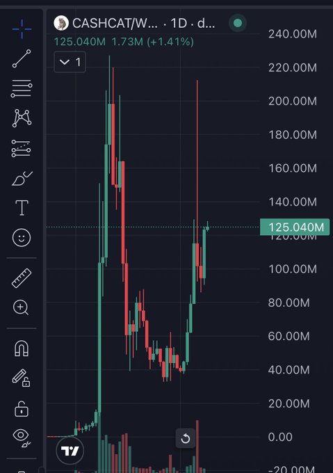 A TradingView candlestick chart for CASHCAT/W (wrapped) shows a 1-day timeframe with the token trading at 125.040M, up 1.41% (+1.73M), illustrating a dramatic price rally from around 20M to a peak near 220M, a sharp correction, and a recent bounce that aligns with the post's claim of "filling the wick" before building a higher floor.
