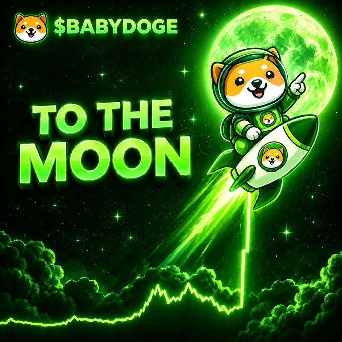 A green-themed '$BABYDOGE TO THE MOON' graphic featuring a Shiba Inu dog mascot in a space suit riding a rocket toward a green moon.