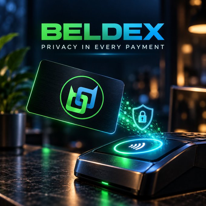 An advertisement for 'BELDEX' with the tagline 'PRIVACY IN EVERY PAYMENT' showing a stylized card being tapped on a payment terminal.