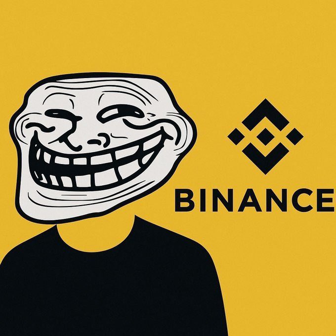 A Trollface meme illustration on a yellow background positioned next to the Binance logo and wordmark.