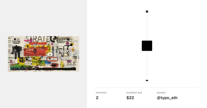 An NFT auction page showing a colorful abstract artwork titled 'STRATEGY' with 2 patrons, a current bid of $22, and bidder @typo_eth.
