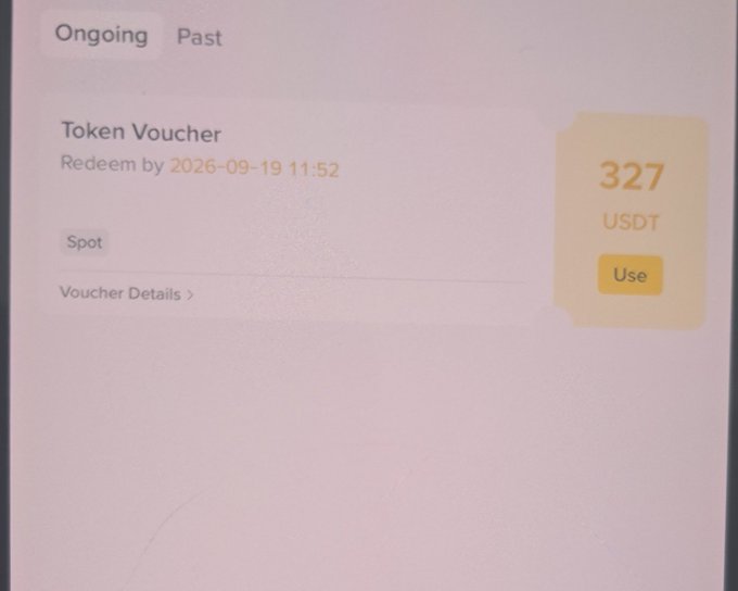 A Binance Token Voucher screen displaying **327 USDT** redeemable for **Spot** trading, with an expiration date of **2026-09-19 11:52**, shown under the **Ongoing** tab—representing the 1st place reward the user received for winning the Binance Pakistan Affiliate Referral Challenge.