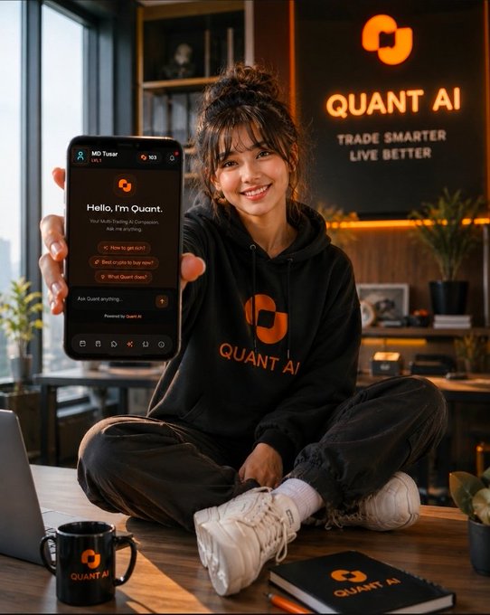 A young woman in a "Quant AI" hoodie sits cross-legged on a desk, holding up a phone displaying the Quant AI app's welcome screen reading "Hello, I'm Quant. Your Multi-Trading AI Companion. Ask me anything." alongside branded merch like a mug and notebook, visually reinforcing the post's message about stress-free, AI-powered trading assistance.