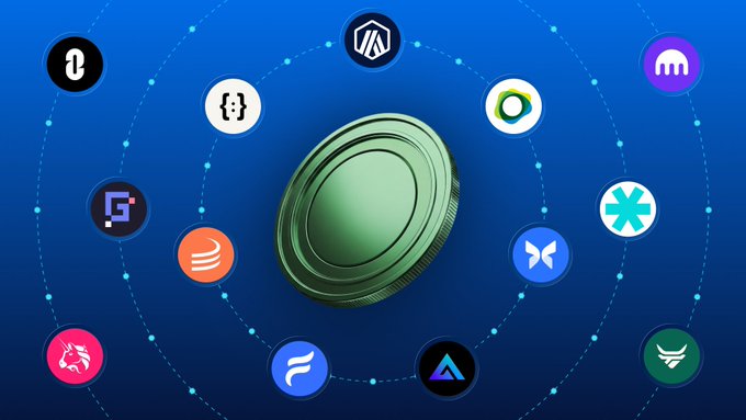 A digital illustration showing a green coin in the center surrounded by various cryptocurrency logos connected by dotted orbital lines against a blue background.