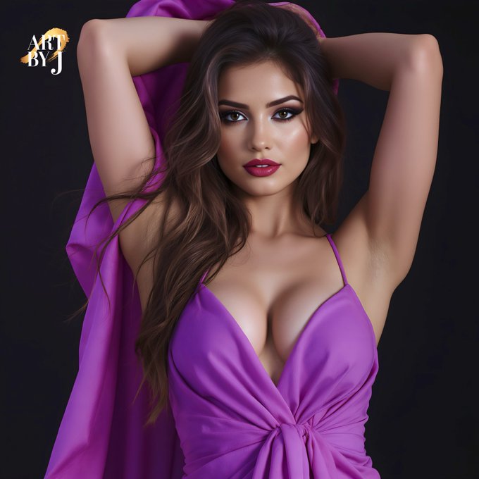 The image features a beautiful woman wearing a purple dress, with her hair styled in loose waves. She has her arms raised above her head, creating an elegant pose for the photo. The background of the image is black, which contrasts nicely with the vibrant purple color of the woman's dress and highlights her figure. There are no texts or other objects present in the image, so it focuses solely on the woman and her attire.