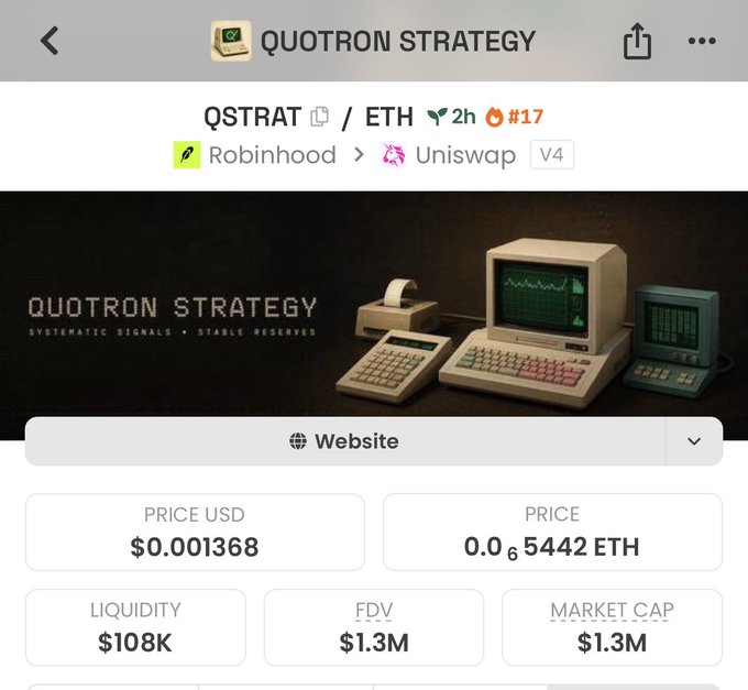 The image shows a DexScreener listing for Quotron Strategy (QSTRAT) paired with ETH on Uniswap V4, displaying a price of $0.001368, liquidity of $108K, FDV of $1.3M, and market cap of $1.3M, supporting the post's claim that the DEX is performing well for $QSTRAT.