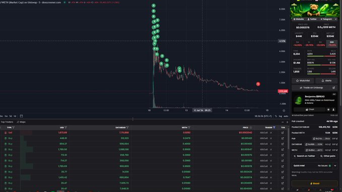 A DexScreener chart showing the NEET/USDT token with a massive green candle spike on day 12 followed by a sharp decline, displayed at $0.001764 with a market cap around $1.66M.