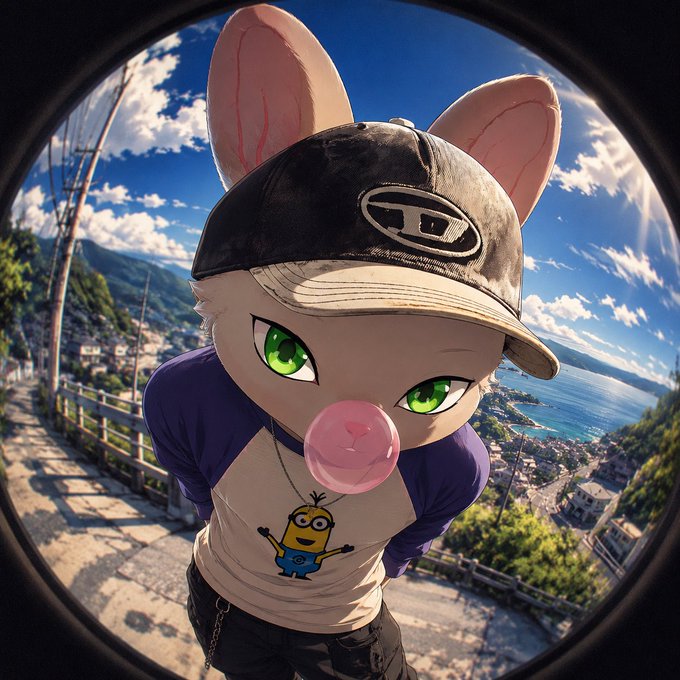 The image features a cartoon cat wearing a hat, standing on a street with trees behind him. The cat has green eyes and appears to be looking directly at the camera. There are also two people visible in the background of the image, one of whom is holding a balloon. The caption for the image reads "happy to support @momoyumemi & @cutemikaasa remember a few months ago @Alex_2avc shilled me momo & said Lola is goated glad they moved to ETH from tempo MAKE NFT ARTISTS GREAT AGAIN".