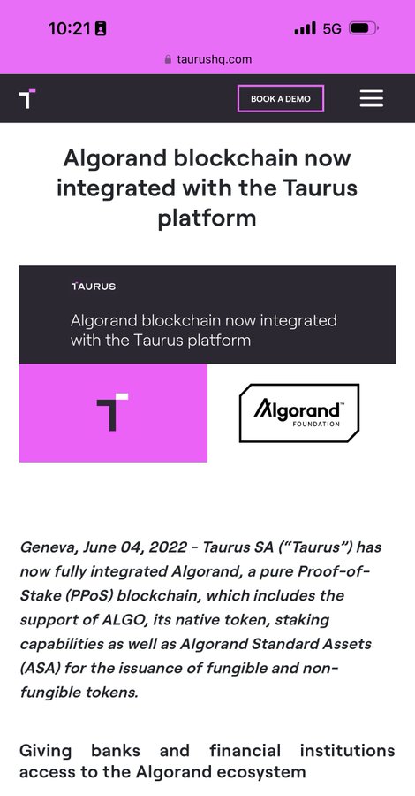 A mobile screenshot of a Taurus webpage stating 'Algorand blockchain now integrated with the Taurus platform', dated Geneva, June 04, 2022.