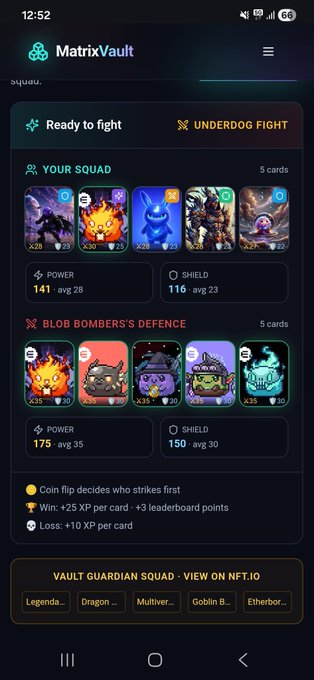 Screenshot of the MatrixVault mobile app showing a 'Ready to fight' squad battle screen labeled 'UNDERDOG FIGHT', with 'YOUR SQUAD' (Power 141, Shield 116) facing 'BLOB BOMBER'S DEFENCE' (Power 175, Shield 150).