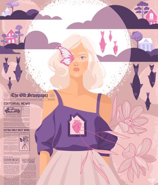 Artistic digital illustration of a blonde woman with a pink butterfly over her eye, wearing a purple top, set against a stylized landscape with floating houses, fish, and floral elements, with newspaper text including 'The Old Newspaper' and 'EDITORIAL NEWS'.