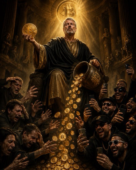 The image features a man holding up a gold coin above his head while surrounded by a group of people who are taking pictures with their phones, capturing the moment. The scene appears to be set in an ancient temple or a similar setting where a prophecy has been made about Bitcoin. The text "Ancient Bitcoin prophecy: When the Keeper of the Coins sells 32 Bitcoin, the weak hands shall panic and the engagement farmers shall feast." suggests that this image is related to a Bitcoin-related event or prophecy.