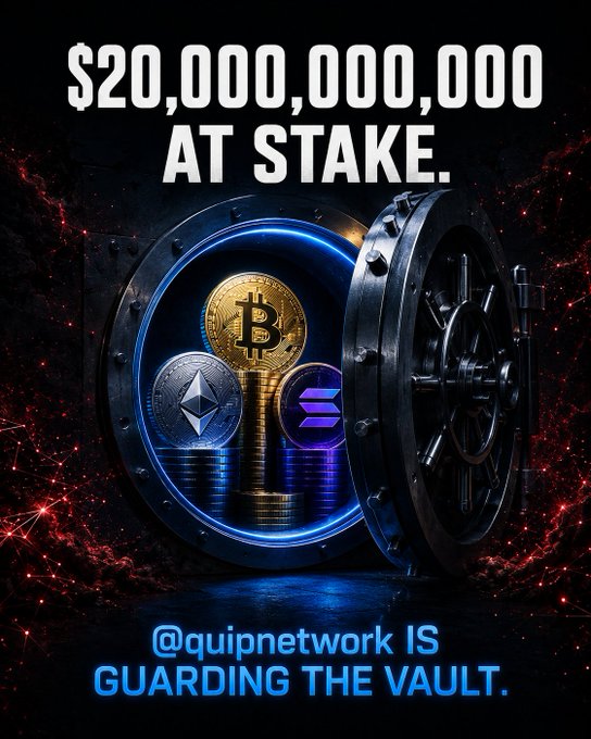 A bold promotional graphic features an open vault displaying stacks of Bitcoin, Ethereum, and Solana coins, with text declaring "$20,000,000,000 AT STAKE" at the top and "@quipnetwork IS GUARDING THE VAULT" at the bottom, visually reinforcing the post's message about Quipnetwork's quantum-proof security protecting up to $20 billion in blockchain assets.