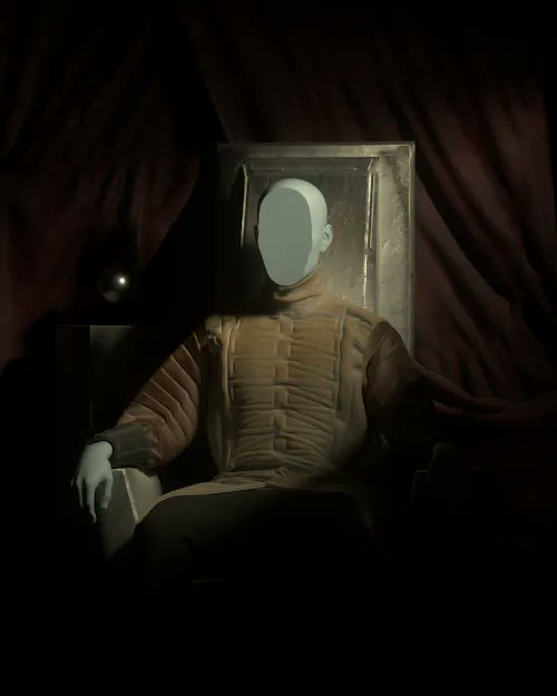 The image features a mannequin dressed in a brown coat, sitting in an armchair with its legs crossed. The mannequin has a blank face, giving it a creepy appearance. The background of the image is dark, which further emphasizes the eerie atmosphere created by the mannequin's presence. The caption to the image reads: "✧ regards.asimov ✧ by @catelloo_ SOLD↴ to @batsoupyum for 0.21 ETH ($364.25) $RARE".