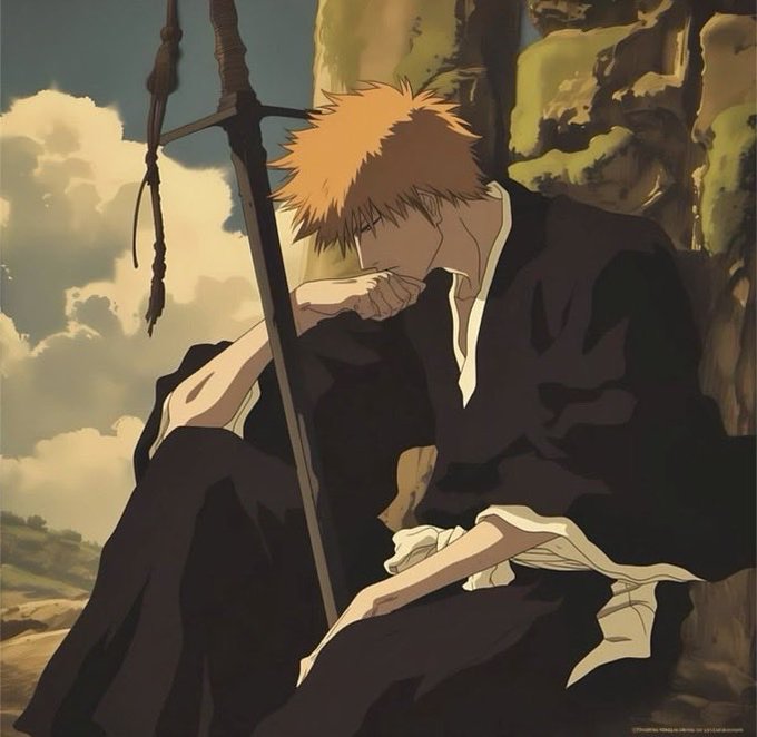 Anime artwork of an orange-haired character in black robes sitting with a large sword, covering their face in a melancholic pose against a cloudy sky.