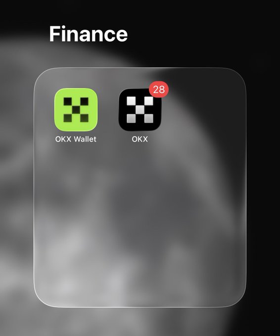 A smartphone's Finance folder displays the "OKX Wallet" and "OKX" apps, with the OKX app showing a red notification badge of "28." The image highlights the OKX platform, aligning with the promotional post that directs users to sign up for OKX using invite code 10491321 and participate in a giveaway.