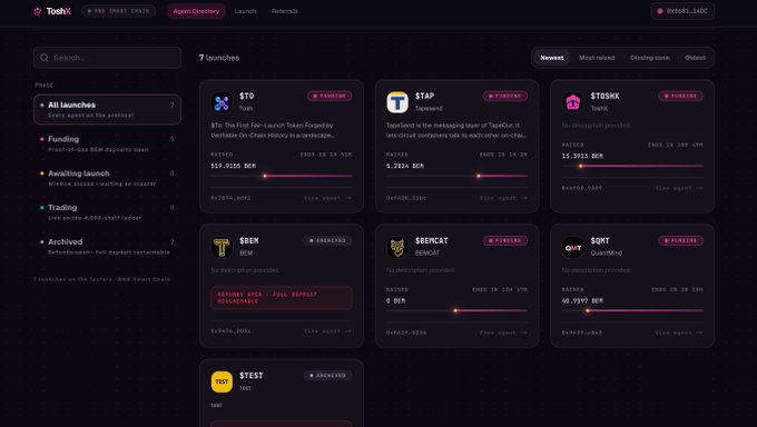 A screenshot of the "Tosdi" crypto token launchpad platform, displaying various tokens like "STG," "$TAP," "$TOSDIK," "$EM," "$EMCAT," and "$OMT" with their market caps and funding progress bars.