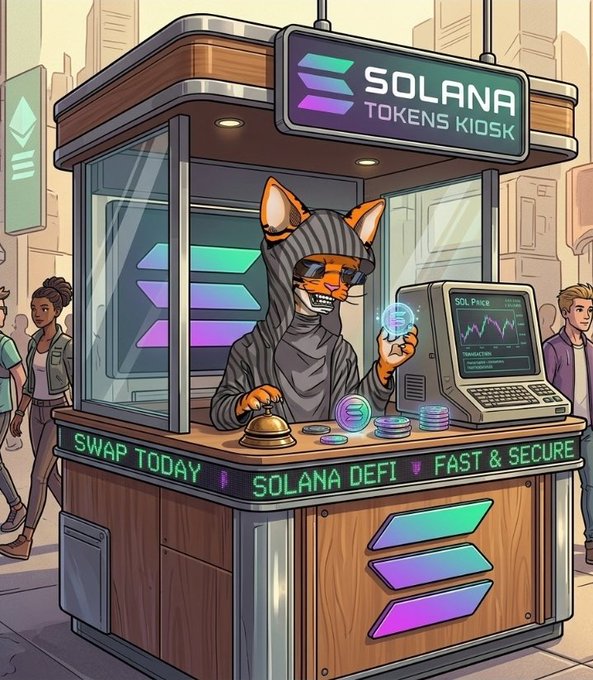 A cartoon-style "SOLANA TOKENS KIOSK" stall in a city street features a fox mascot in a hooded outfit serving customers, with a price screen showing "SOL Price" and signage reading "SWAP TODAY," "SOLANA DEFI," and "FAST & SECURE." The image humorously depicts the Solana DeFi ecosystem as a bustling service stand, visually matching the post's enthusiastic declaration of being a lifelong Solana maxi.