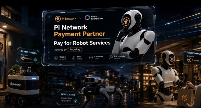 A futuristic promotional graphic for 'Pi Network' as a 'Payment Partner' for 'Pay for Robot Services', showing white humanoid robots and delivery robots in a city street scene at night.