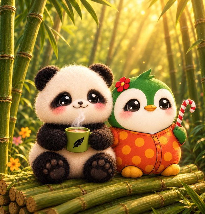 A cute digital illustration of a fluffy panda holding a steaming cup of tea next to a green and orange bird-like character wearing a polka-dot outfit and holding a candy cane, sitting on bamboo in a forest.