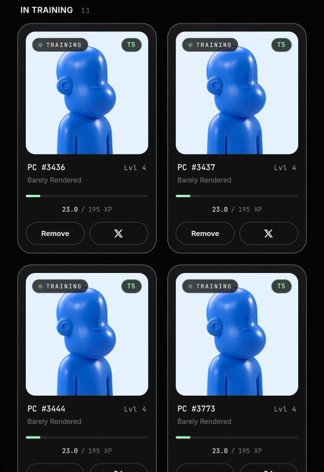 A screenshot of a digital interface titled 'IN TRAINING 11' displaying four identical blue cartoon character figures (PC #3436, #3437, #3444, #3773) at Level 4, all labeled 'Barely Rendered' with 23.0/195 XP progress bars.