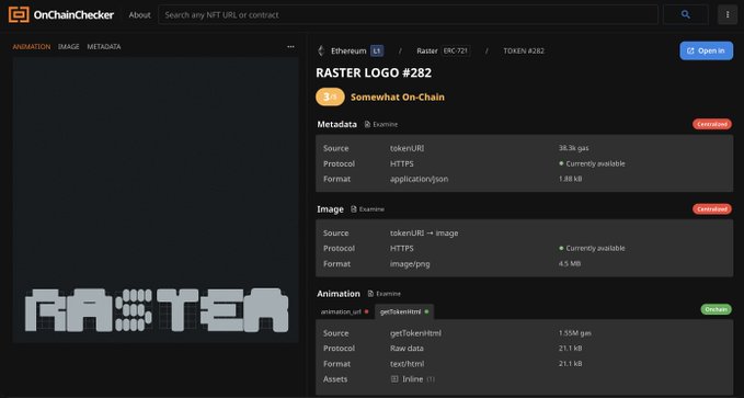 A screenshot of the OnChainChecker website displaying metadata for 'RASTER LOGO #282', an Ethereum token with details including its source, protocol (HTTPS), and format information.