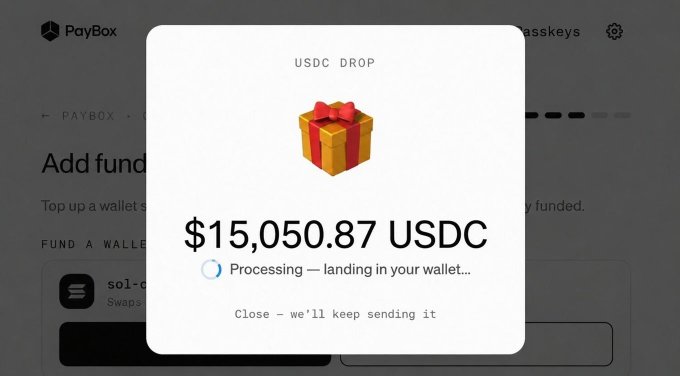 A PayBox app interface shows a "USDC DROP" pop-up displaying $15,050.87 USDC with a message that it is "Processing — landing in your wallet…"