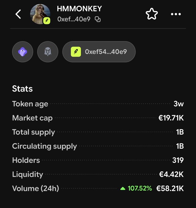 This image is a screenshot of a cryptocurrency analytics dashboard for the token HMMONKEY, showing a market cap of €19.71K and a 24h volume of €58.21K. The data supports the accompanying post's claim of a "20k mc" (market cap) and provides the verified contract address for investors to perform due diligence.