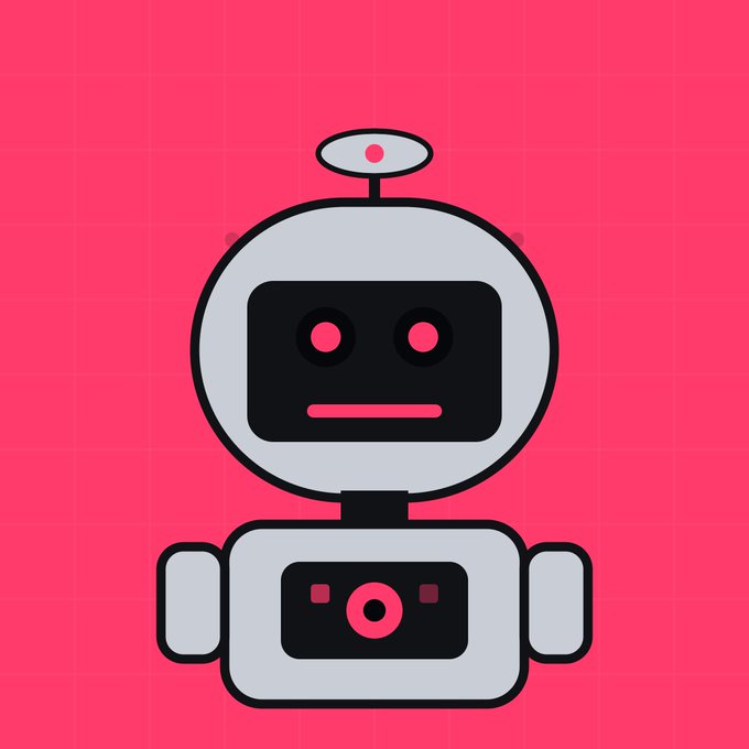 A cartoon illustration of a friendly gray robot with an antenna, featuring pink digital eyes and a pink camera on its chest, set against a bright pink background.