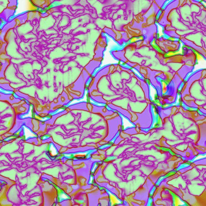 An abstract, psychedelic image featuring neon green, purple, pink, and blue organic shapes that resemble a chaotic, marbled texture.