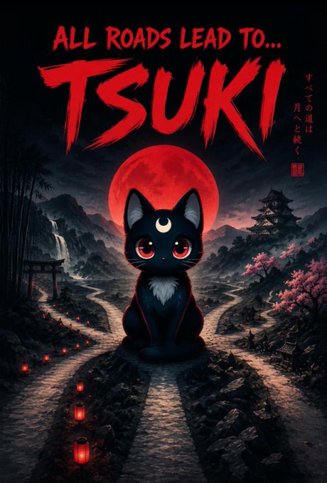 The image is a stylized poster featuring a black cat with a crescent moon on its forehead, sitting at a crossroads beneath a red moon, surrounded by Japanese-inspired scenery with temples, lanterns, and cherry blossoms. Bold red text at the top reads "ALL ROADS LEAD TO... TSUKI," tying directly into the post's bullish $TSUKI call by visually suggesting all paths converge to this ticker.