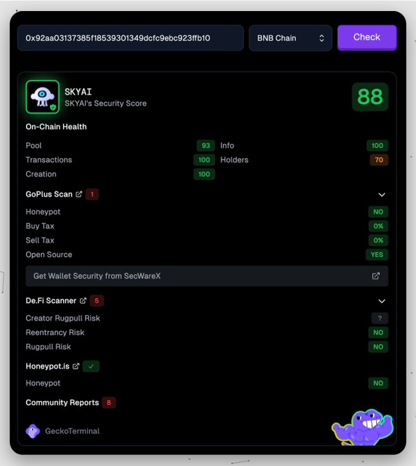 The image shows a computer screen displaying information about a cryptocurrency called Skyai, along with a security score of 88 out of 100. The screen also has a list of transactions and a checkbox for a security score. The text "SKYAI" is visible in the image as well.