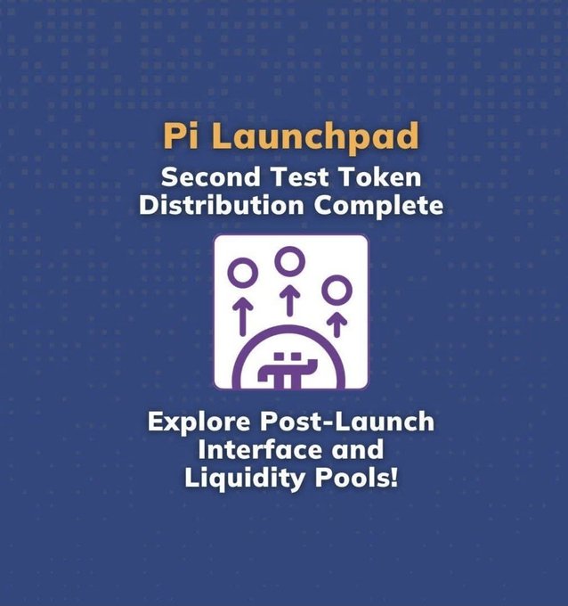 A blue promotional graphic announces "Pi Launchpad – Second Test Token Distribution Complete" with an icon of arrows pointing upward from a circular symbol, and invites users to "Explore Post-Launch Interface and Liquidity Pools!" The image visually supports the post's message about the completed SLICE testnet token distribution and the new features now available in the Pi Browser's Launchpad app.
