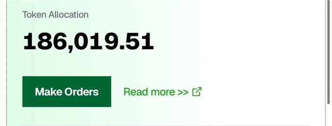 A digital interface showing 'Token Allocation' of '186,019.51' with a green 'Make Orders' button and a 'Read more >>' link.