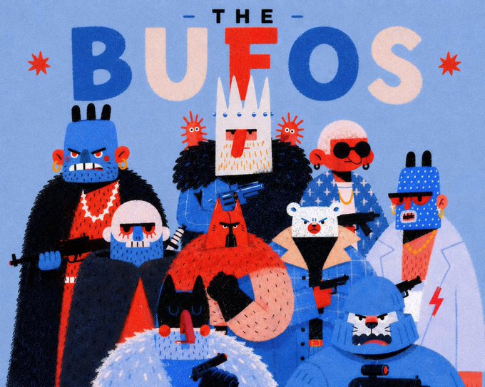 A colorful cartoon-style illustration titled 'THE BUFOS' featuring a group of diverse, stylized characters holding various weapons against a blue background.
