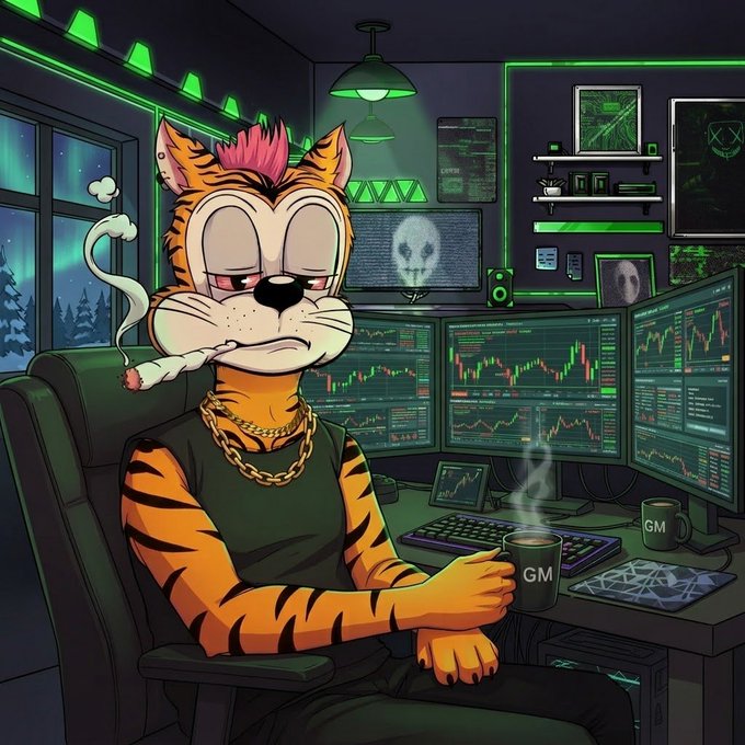 An animated cartoon of an anthropomorphic tiger with a pink mohawk smoking a cigar, wearing gold chains, and sitting at a desk surrounded by monitors displaying cryptocurrency charts, with a mug labeled 'GM'.