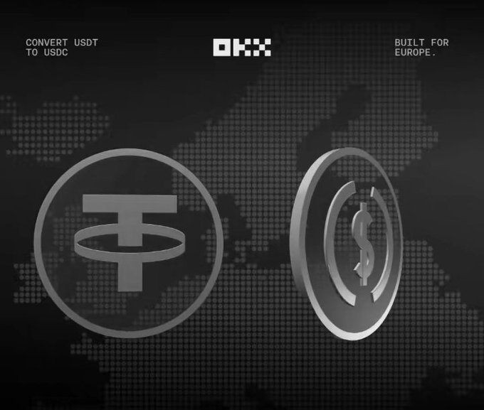 An OKX promotional graphic reading 'CONVERT USDT TO USDC' and 'BUILT FOR EUROPE,' showing 3D coin representations of Tether (USDT) and USDC against a dark world map.