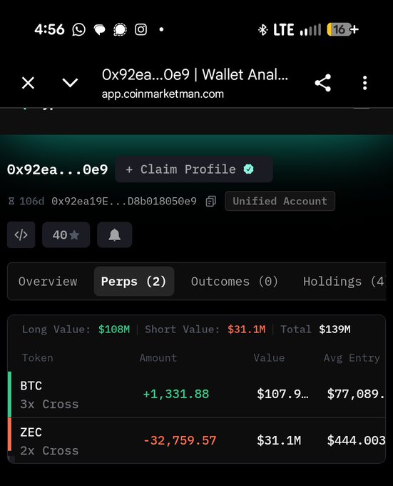 A mobile screenshot of a CoinMarketMan wallet analysis page for address '0x92ea...0e9' showing perpetual positions in BTC (+1,331.88) and ZEC (-32,759.57) with $139M total value.