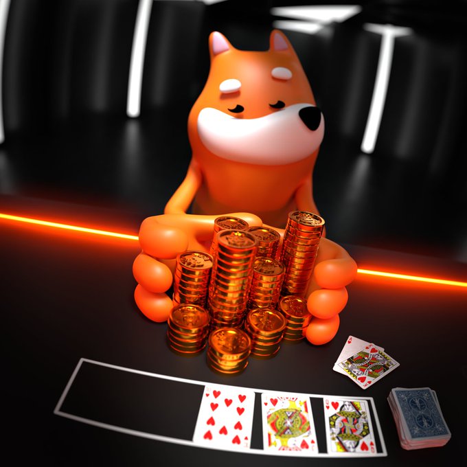 A smug cartoon Shiba Inu dog clutches stacks of gold coins beside a winning hand of cards on a black table, fitting the bold "Never bet against The Dog" caption with its victorious, overconfident expression.