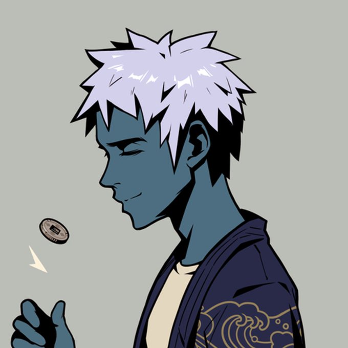 A blue-skinned anime character with spiky white hair and a gold-accented kimono smiles softly while flipping a coin, complementing the post celebrating the sale of Azuki NFT #62 for 0.9965 ETH on OpenSea.