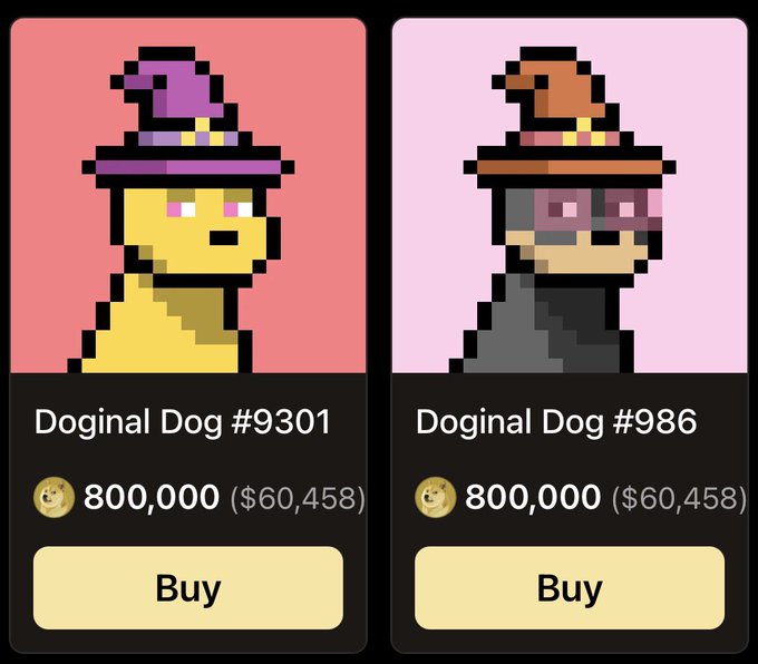 Two pixel-art NFT characters displayed for sale: 'Doginal Dog #9301' (yellow dog) and 'Doginal Dog #986' (gray dog with sunglasses), each priced at 800,000 ($60,458) with a 'Buy' button.