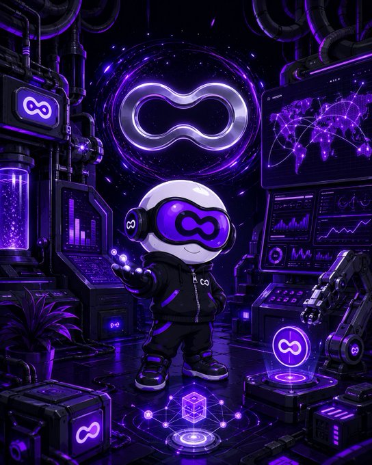 Futuristic AI-themed illustration of a small character in a hoodie and VR-style goggles surrounded by purple neon screens, a glowing infinity symbol, and data visualizations.