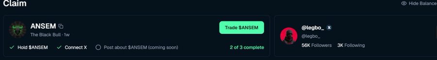 A screenshot of the BullpenFi "Claim" page shows the user "@legbo_" with 2 of 3 tasks complete for $ANSEM: "Hold $ANSEM" and "Connect X" are checked, while "Post about $ANSEM" remains incomplete. This visually demonstrates the user's progress in qualifying for the airdrop as described in the accompanying tweet.