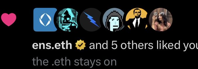 Instagram notification showing ens.eth and 5 others liked a post with the caption 'the .eth stays on'.