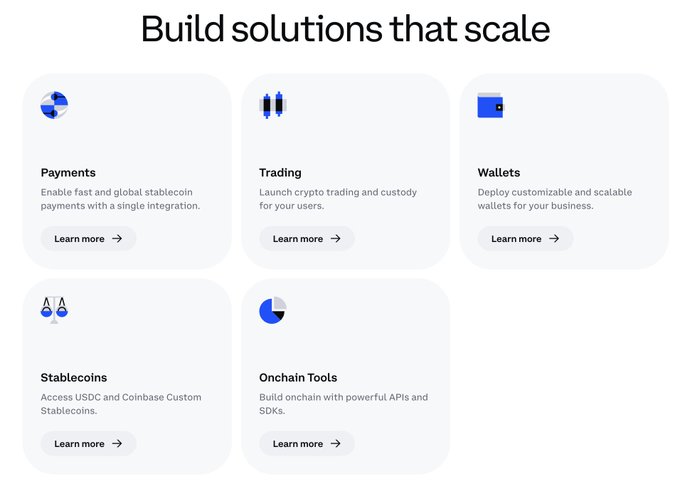Coinbase webpage section titled 'Build solutions that scale' featuring five product cards: Payments, Trading, Wallets, Stablecoins, and Onchain Tools.