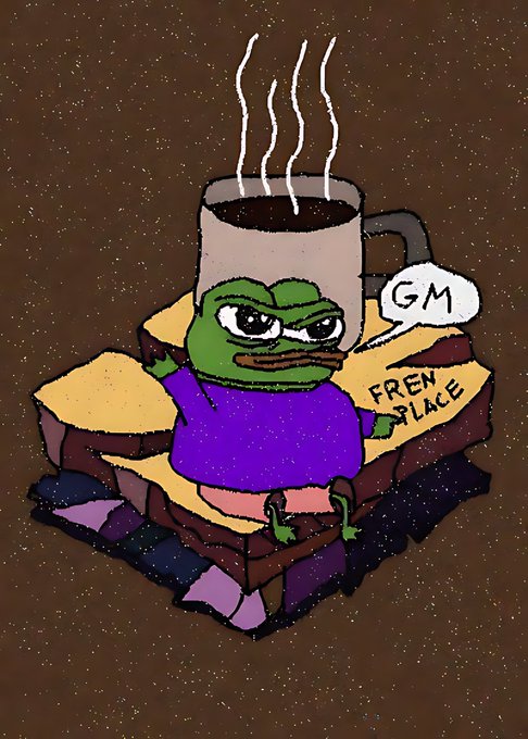 A cartoon illustration of Pepe the Frog sitting on a piece of toast labeled 'FREN PLACE', holding a steaming coffee mug, with a speech bubble saying 'GM' against a starry brown background.